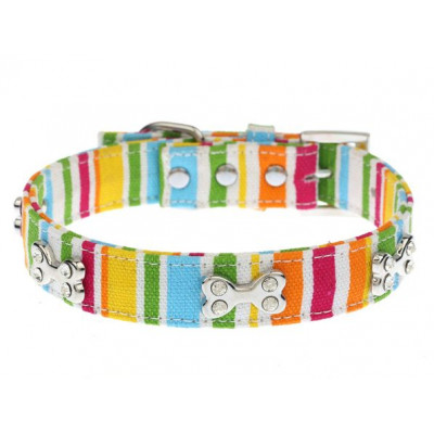 Collier en tissu couleur avec os en métal pour chien